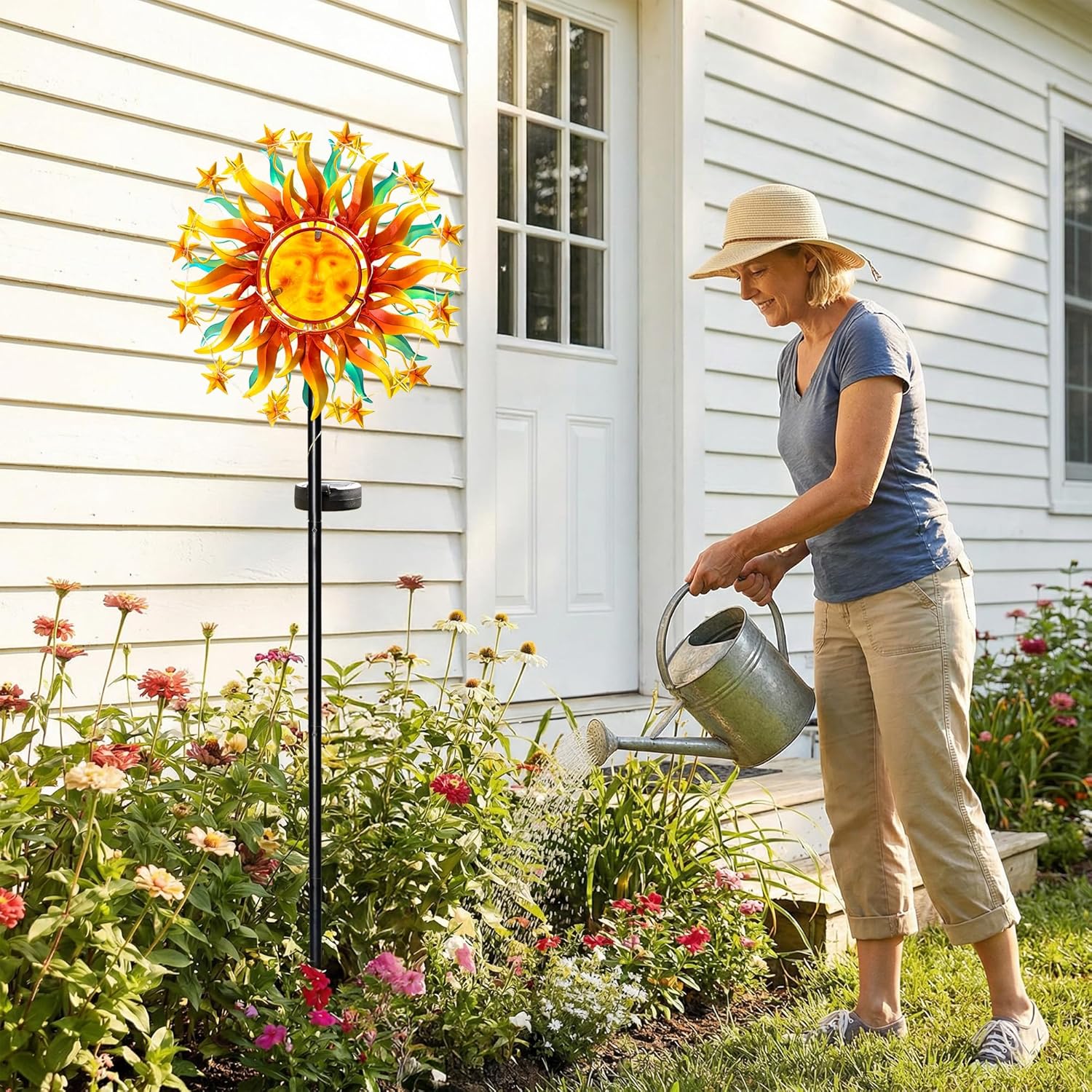 Solar Wind Spinners for Yard Garden - 60.3 Inch 360° Metal Sun Wind Sculptures Outdoor Clearance Kinetic Windmills with Vine String Shining LED Lights for Patio, Lawn Xmas Garden Decoration