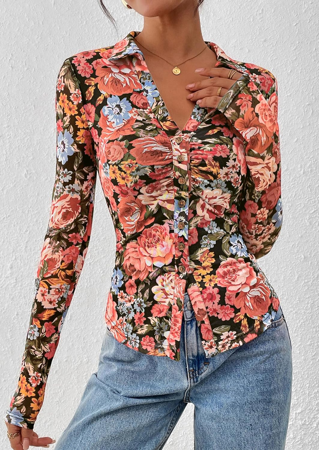 PRETTYGARDEN Women Button Down Floral Shirts 2026 Fall Trendy Long Sleeve V Neck Mesh Boho Blouse Spring Tops Date Outfits - Image 6