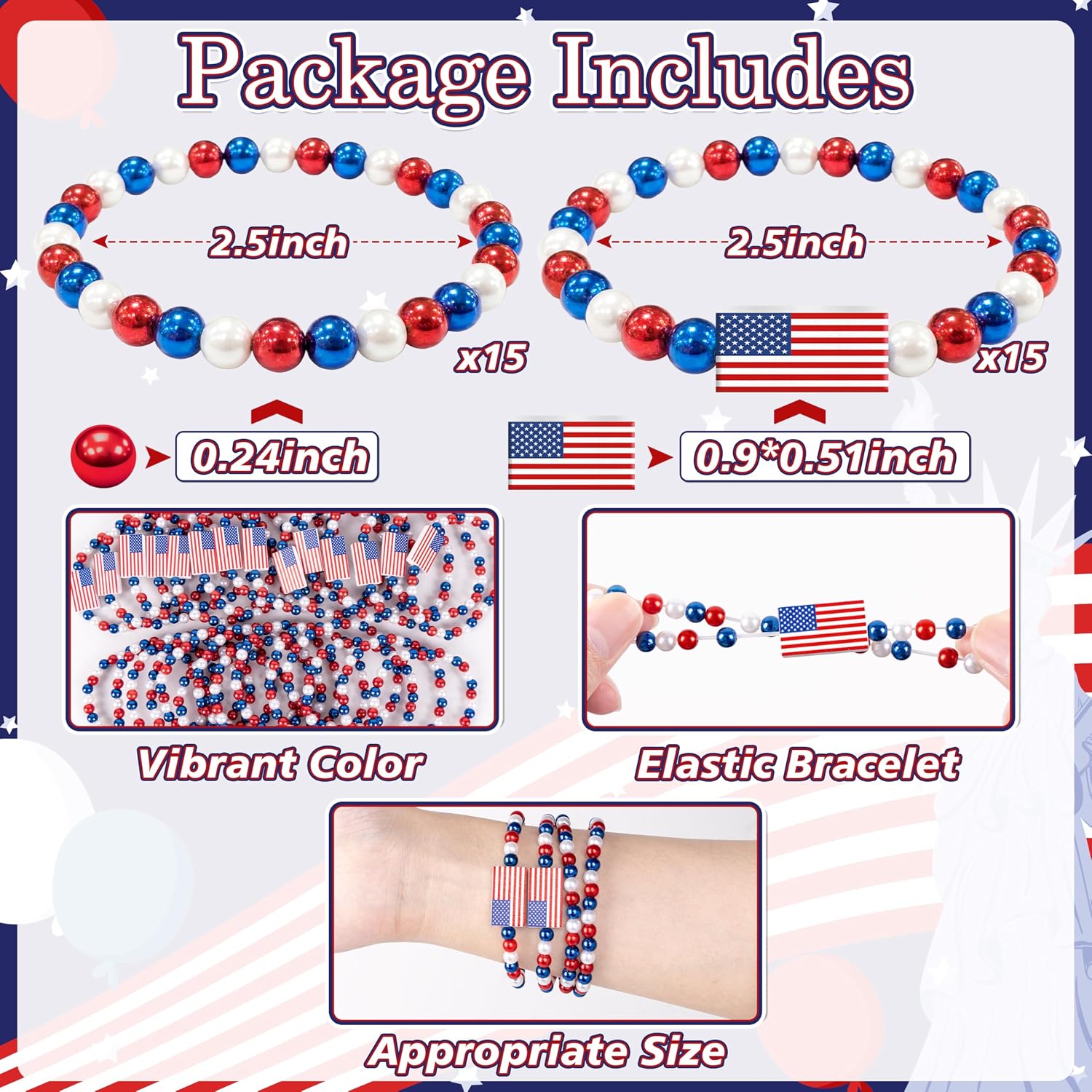 30 Pcs 4th of July Patriotic Bracelets - Red Blue White Beads Wooden USA Flag Accessories Bulk for Women Memorial Day Party Favors