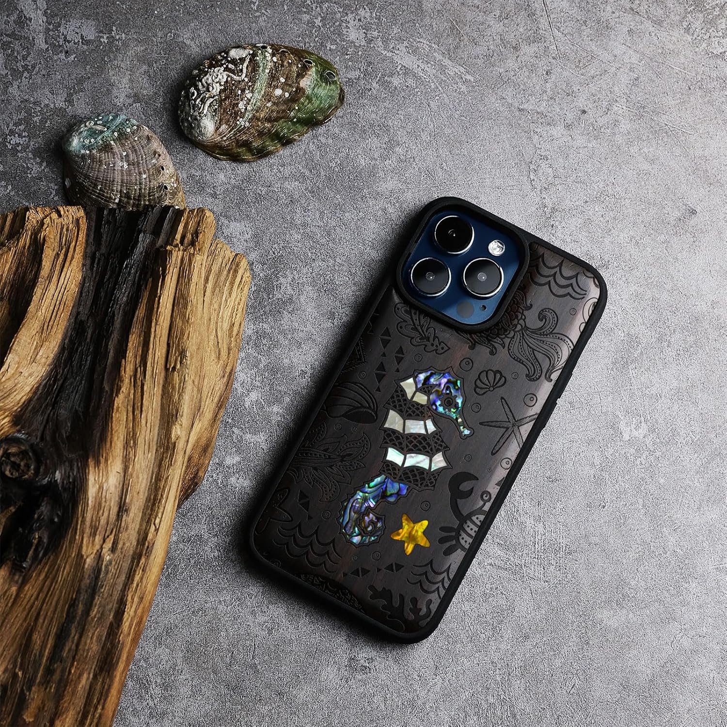Carveit Wooden Case for iPhone 15 Pro Magnetic Case, Compatible with MagSafe Wireless Chargers, Shockproof Cover, Handmade Shell Inlaid & Wood Artisan Engraved (The Underwater World) Blackwood