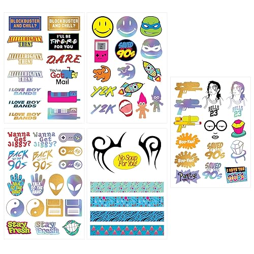 Miniatura 2 de Tatuajes temporales con tema de los años 90 (5 páginas) - Decoración divertida de la fiesta temática de los años 90, recuerdos y suministros