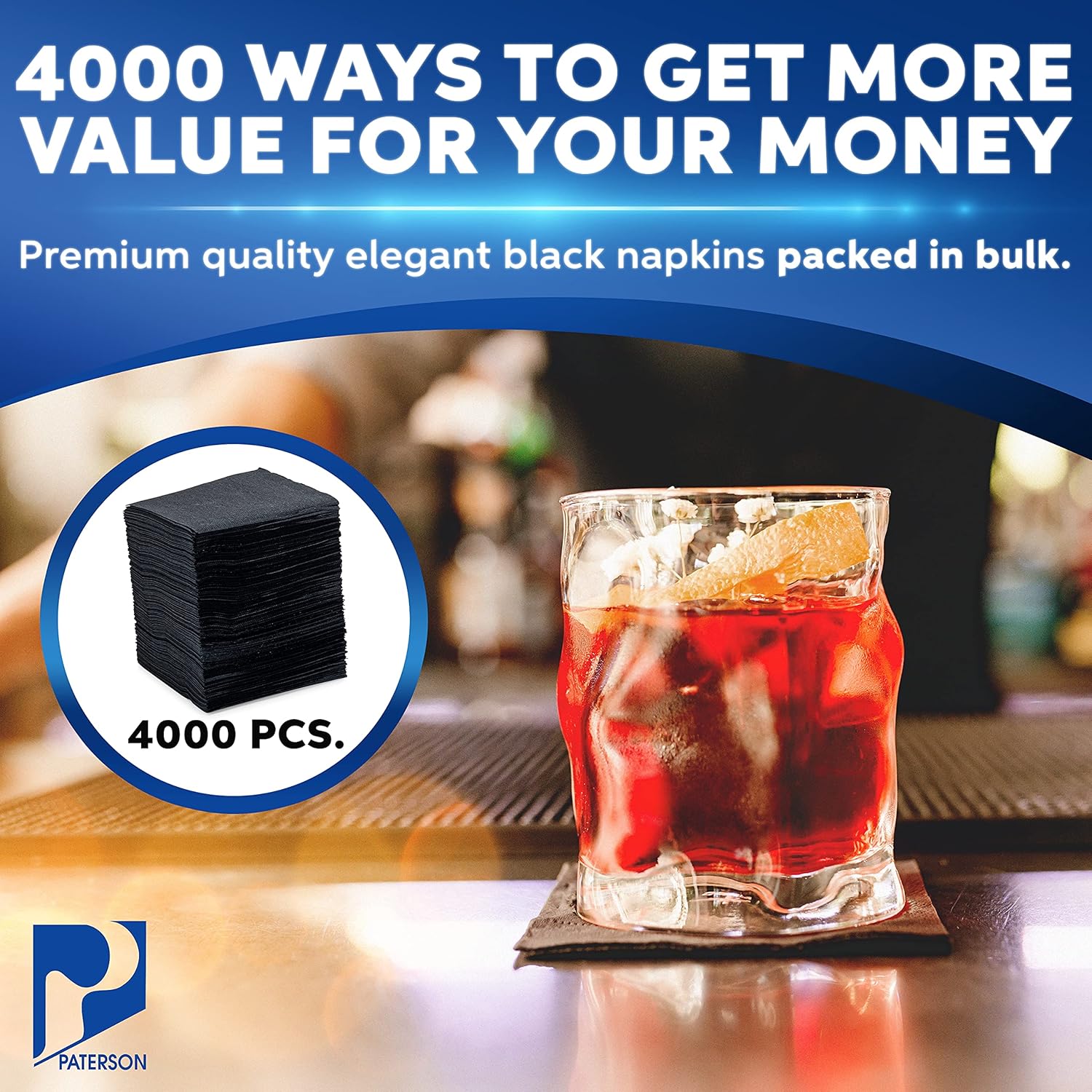 Paterson Paper Black Beverage/Cocktail Napkins - 1 Ply, Embossed Edge, 9" x 9", Bar Napkins Bulk, 4000 Count/Case