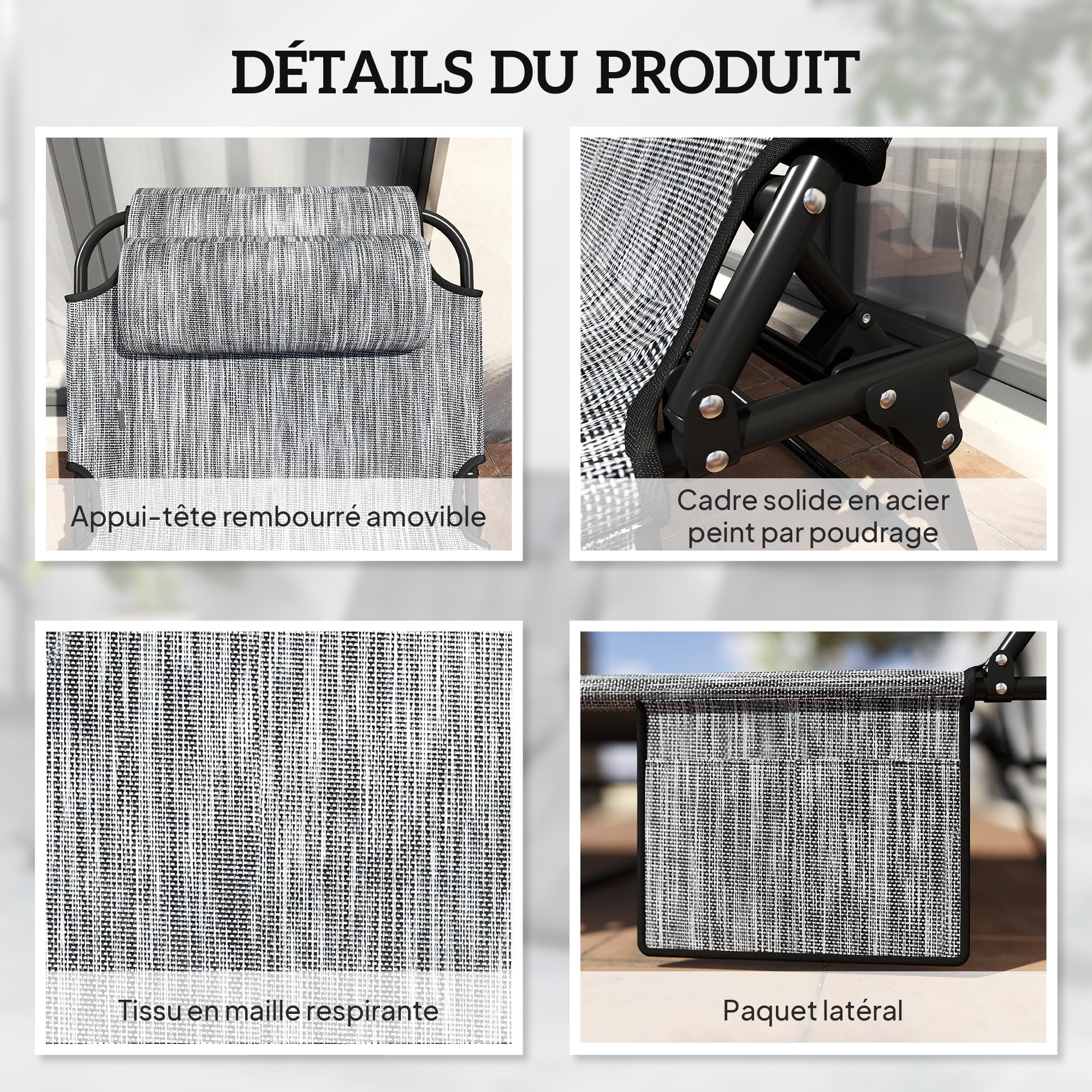 Outsunny Lot de 2 transats Bains de Soleil Pliable avec Dossier inclinable 4 Positions - Appui-tête et Matelas épais Ultra Confortable - Tissu textilène et Acier, Gris