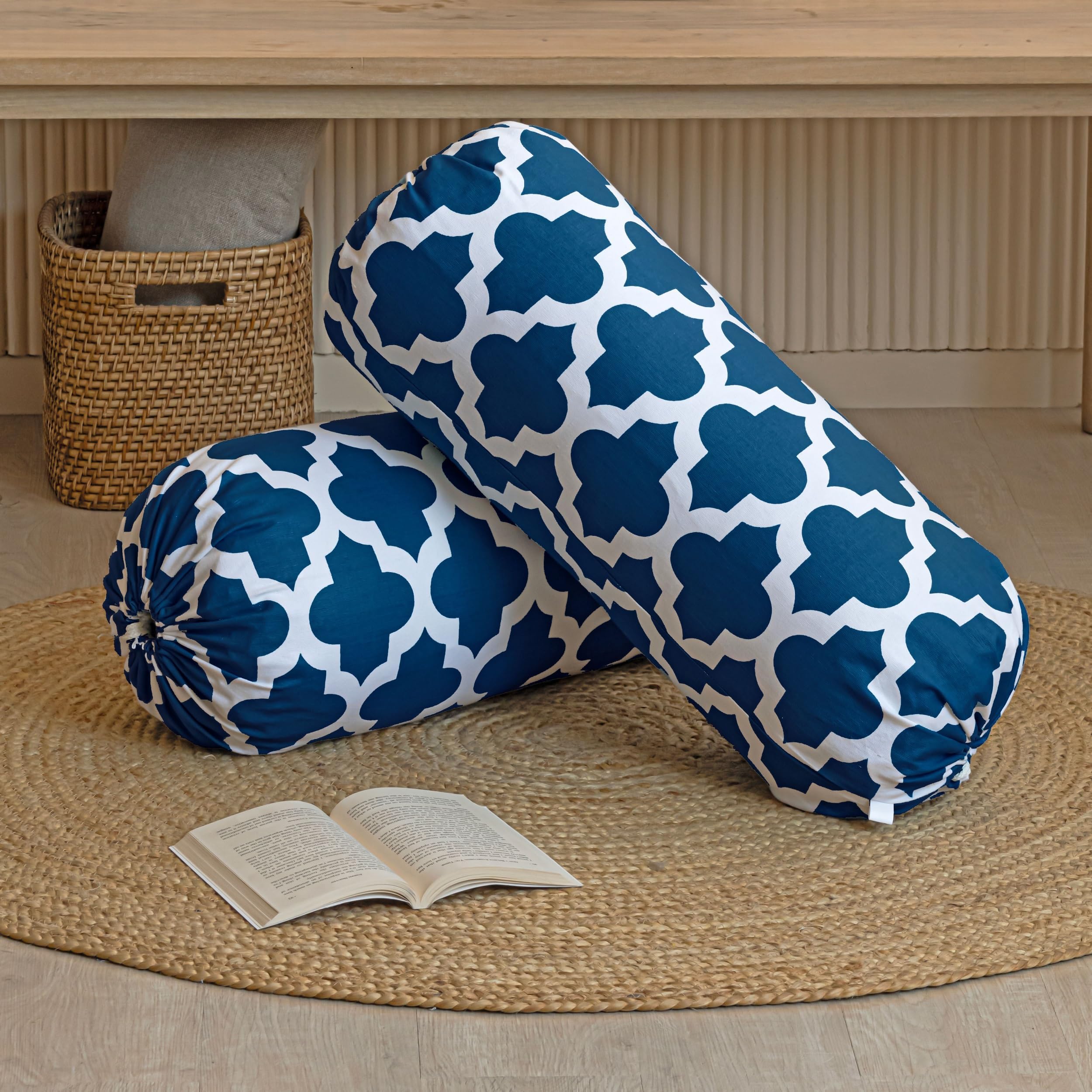 HOMEMONDE Cotton Bolster Round Cushion Covers 16 X 32 Inches For Living Room Decoration (Blue Quatrefoil)