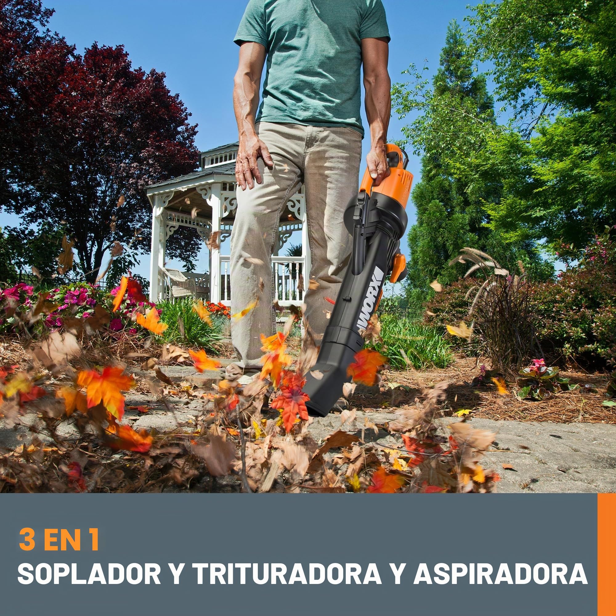 WORX Soplador/triturador/aspiradora eléctrica TriVac WG509 | Flujo de aire de 350 CFM y 210 MPH, relación de mantillo 18:1 para una eliminación eficiente de las hojas, con cable