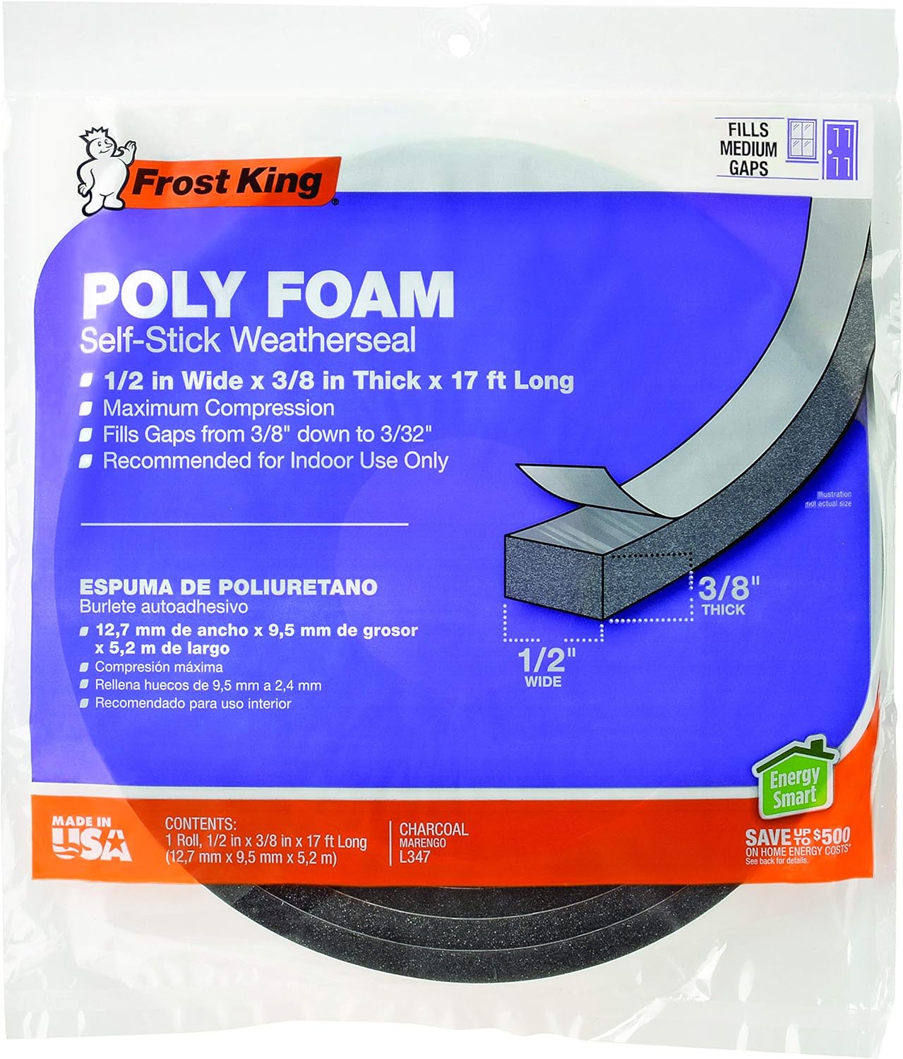 Frost King L347 Self-Adhesive Open Cell Tape, 17 Ft L X 1/2, Polyfoam, Charcoal, 3/8" W, 1/4" T