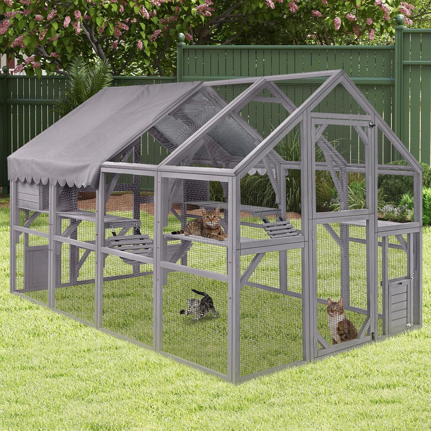 Catio Outdoor Cat Enclosure, 110’’ Large Cat House with Condo, Bridges, Waterproof Roof, Wooden Cat Run Playground