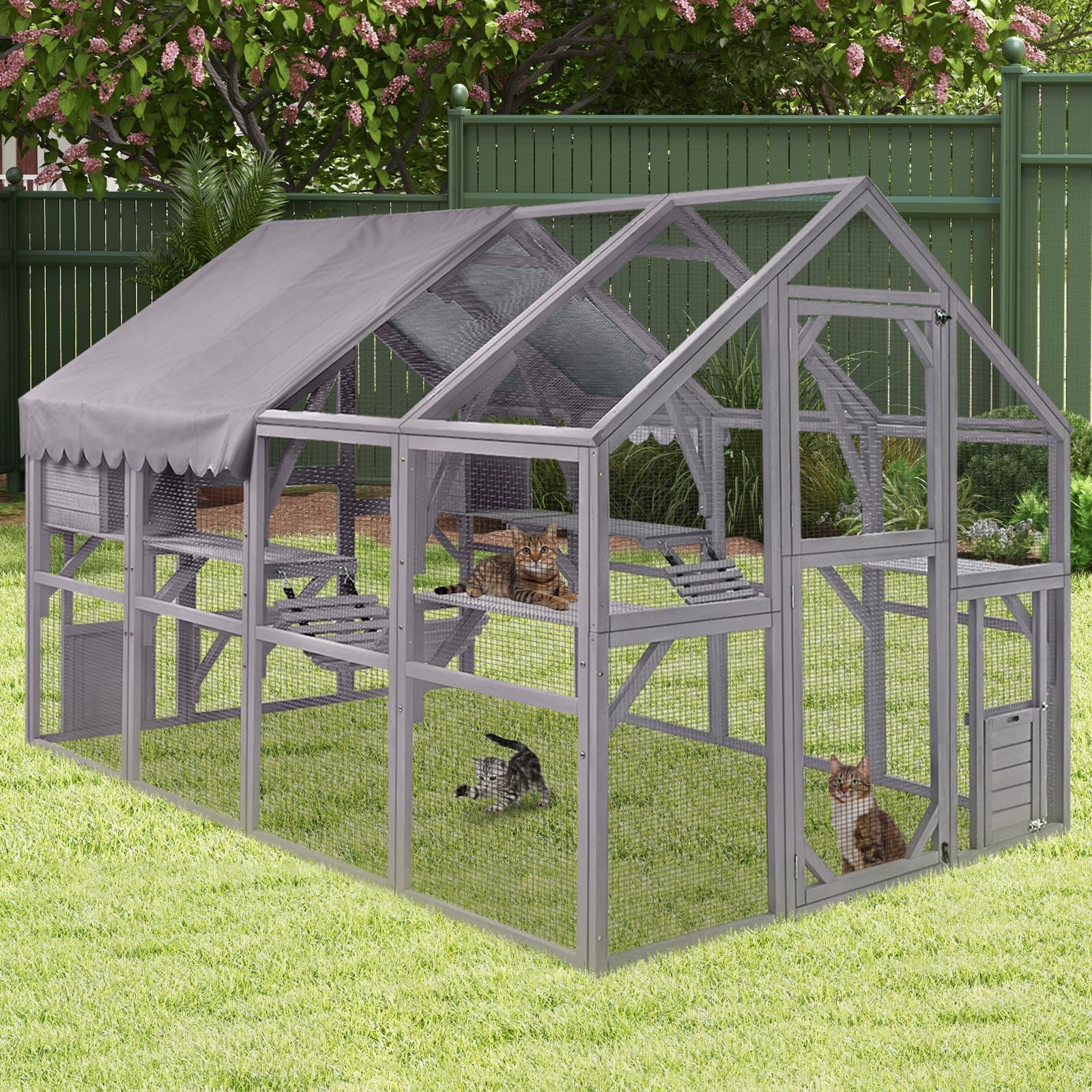 Catio Outdoor Cat Enclosure, 110’’ Large Cat House with Condo, Bridges, Waterproof Roof, Wooden Cat Run Playground
