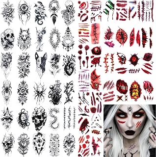 60 Sheets Halloween Temporary Tattoos Zombie Face Pack Makeup Kit Fake Blood Scars Wounds Skull Spider Web Stickers for Adults Halloween Custume Accessories