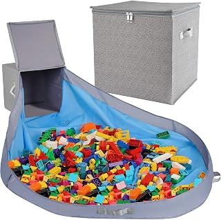 SAM AND MABEL Toy Storage Organizer with Detachable Play Mat – 13" x 13" x 13" Storage Box for Kids' Playroom, Stackable and Foldable Nursery Fabric Bin (Pebble Gray)