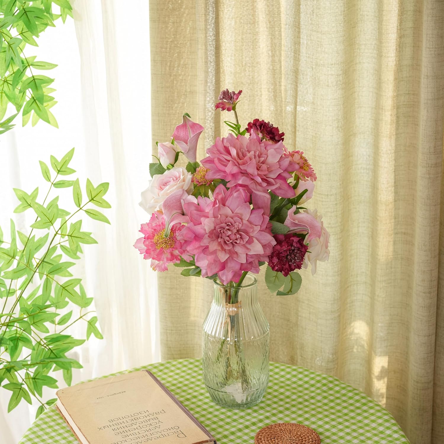 LUEUR Artificial Flowers in Vase Centerpiece – Pink Dahlia, Tulip & Rose Arrangement, Faux Floral Table Decorations for Coffee Table, Dining Room, Living Room & Farmhouse Home Decor