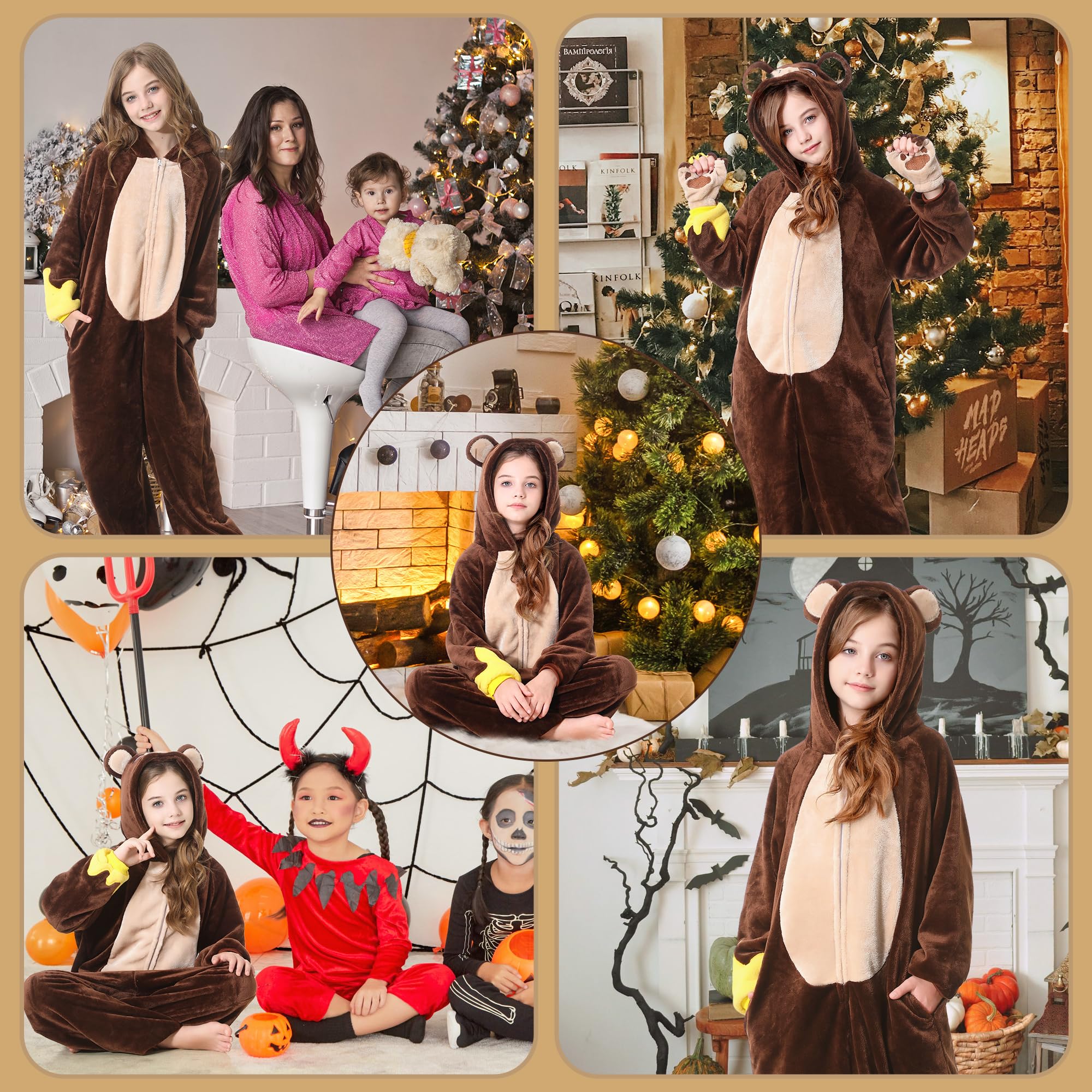 Tuta intera costume animale per bambini, modelli mucca, procione e orso con guanti e campanello, tuta cosplay Halloween per maschi e femmine (Orso, 4-5 Anni)