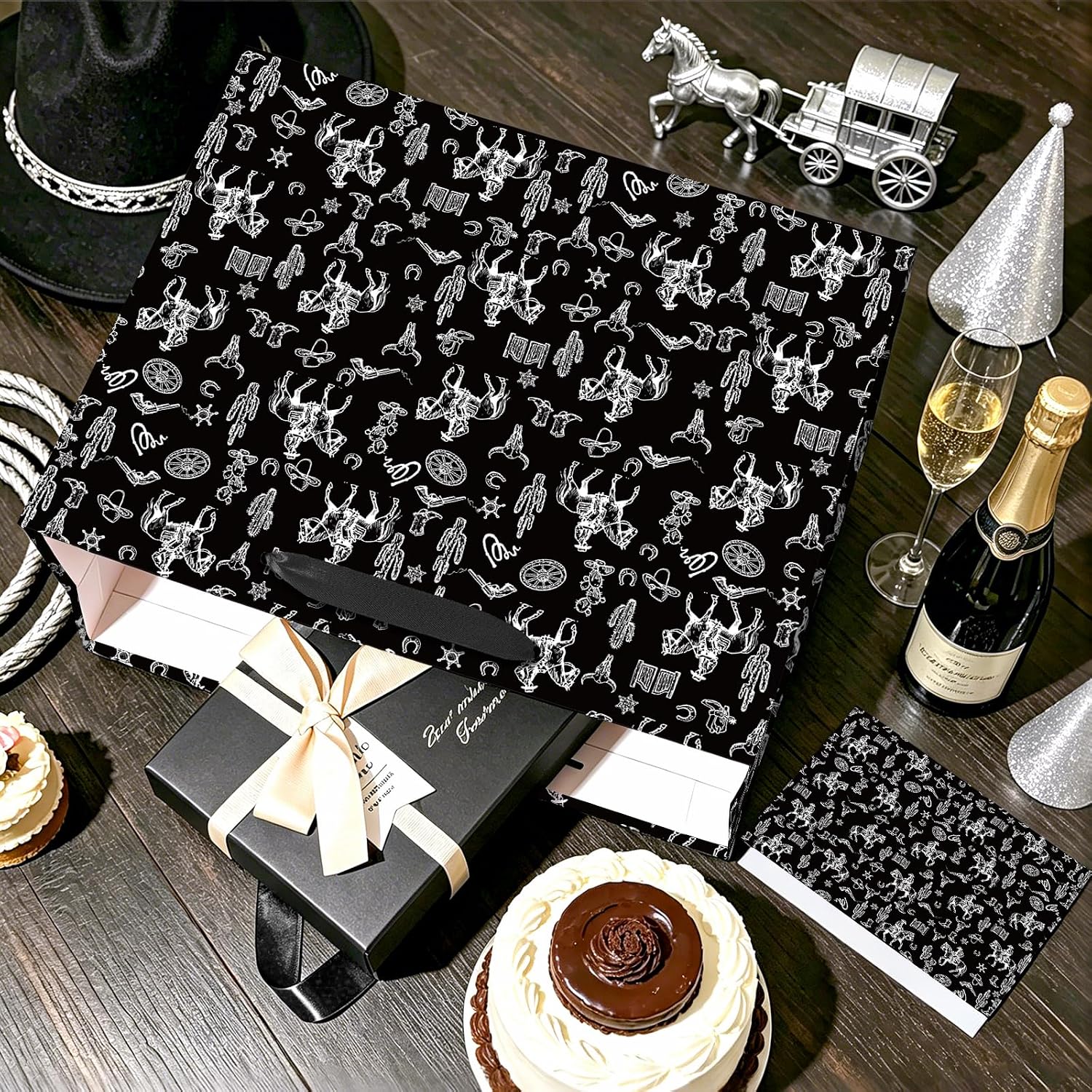 Large Black Cowboy Gift Bag with Tissue Paper and Card Happy Birthday Gift Bags for Men Boys Riding Horse Wild West Party Gift Bag Black Rodeo Cowboy Wrapping Paper Western Theme Party Decor 11.8in