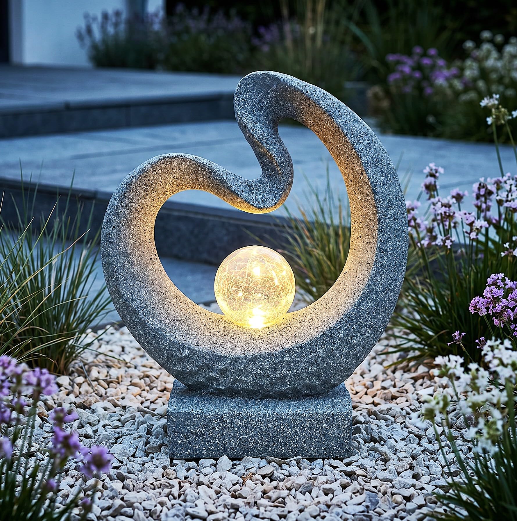 Arnusa Scultura a luce solare aspetto granito lampada solare moderna 33,5 x 39 cm statua da giardino con sfera di vetro illuminazione da giardino bianco caldo decorazione da giardino
