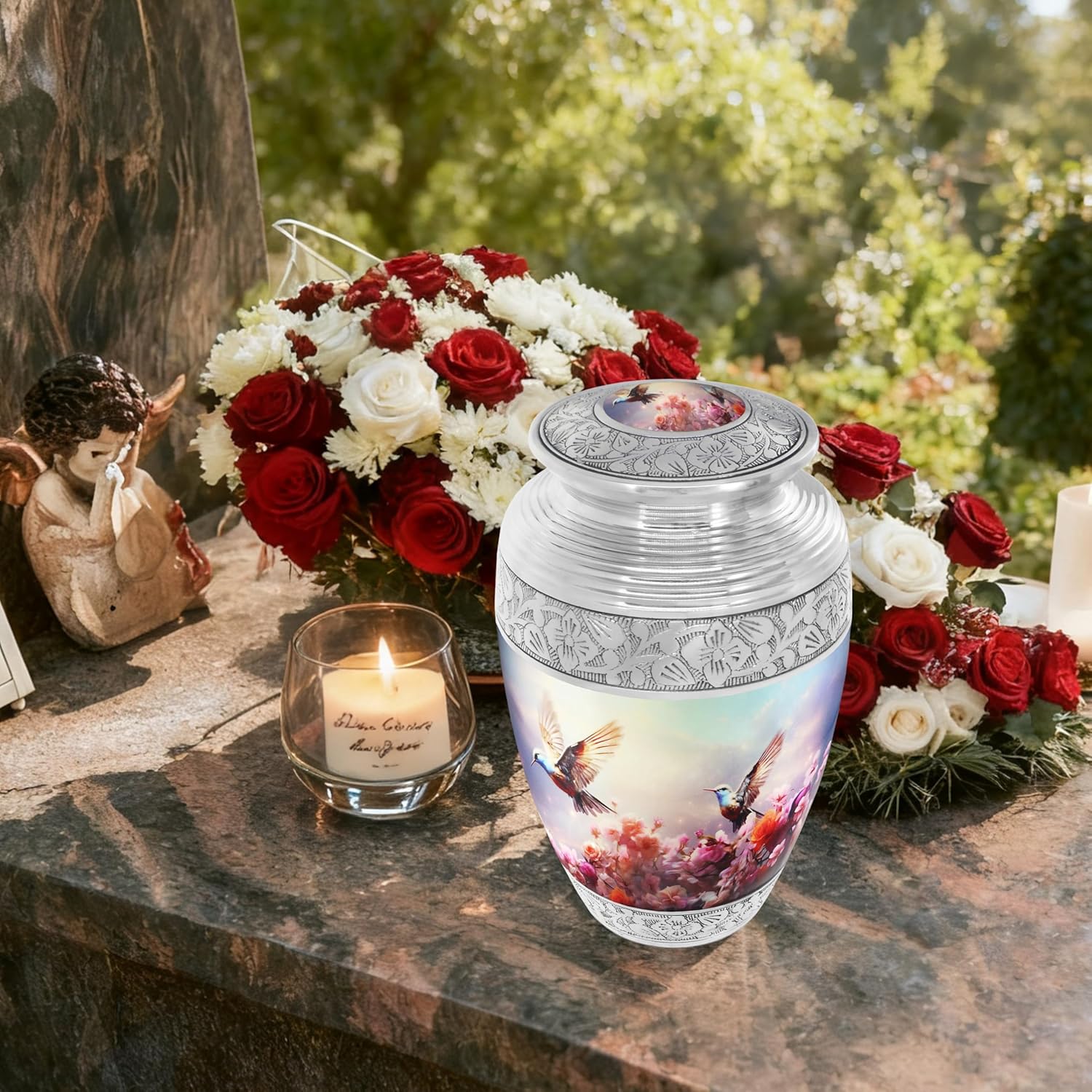 Urn for Ashes for Women or Men, Cremation Urns for Human Ashes Adult Female and Male, Funeral Decorative, Burial, Flying Hummingbird Urn, Pink Flower and Sky Bird - Large Full Size - Image 5