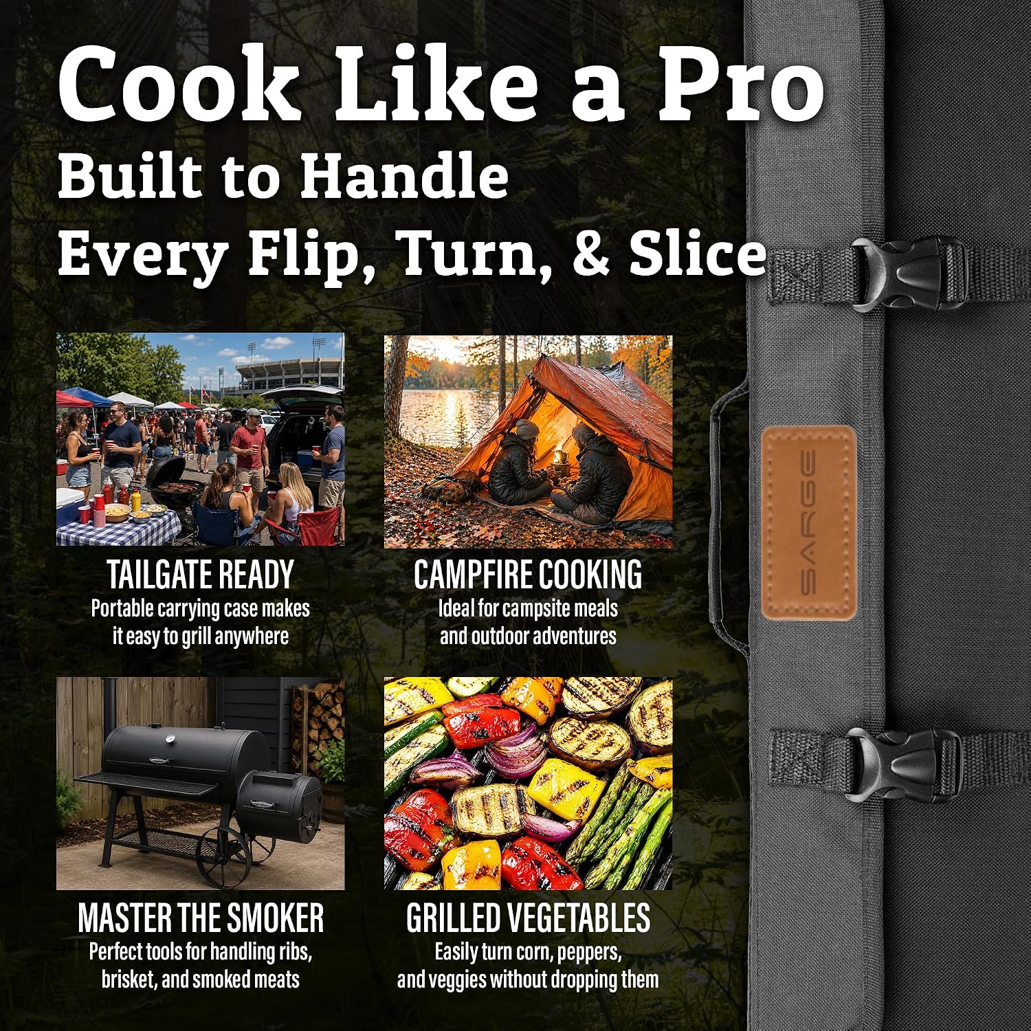 Sarge Knives Grill Marks BBQ Set (5 Piece), Stainless Steel Grilling Tool Set with Spatula, Tongs, Fork and Case for Outdoor Cooking & Grilling (SK-153)
