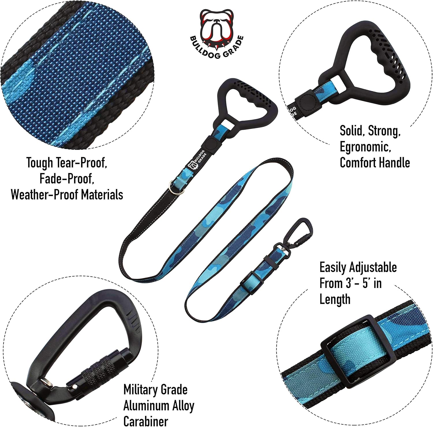 Heavy Duty Dog Leash – Adjustable 3–5 ft, Reinforced Handle, Locking Carabiner, Waterproof, Reflective (Bulldog Red)