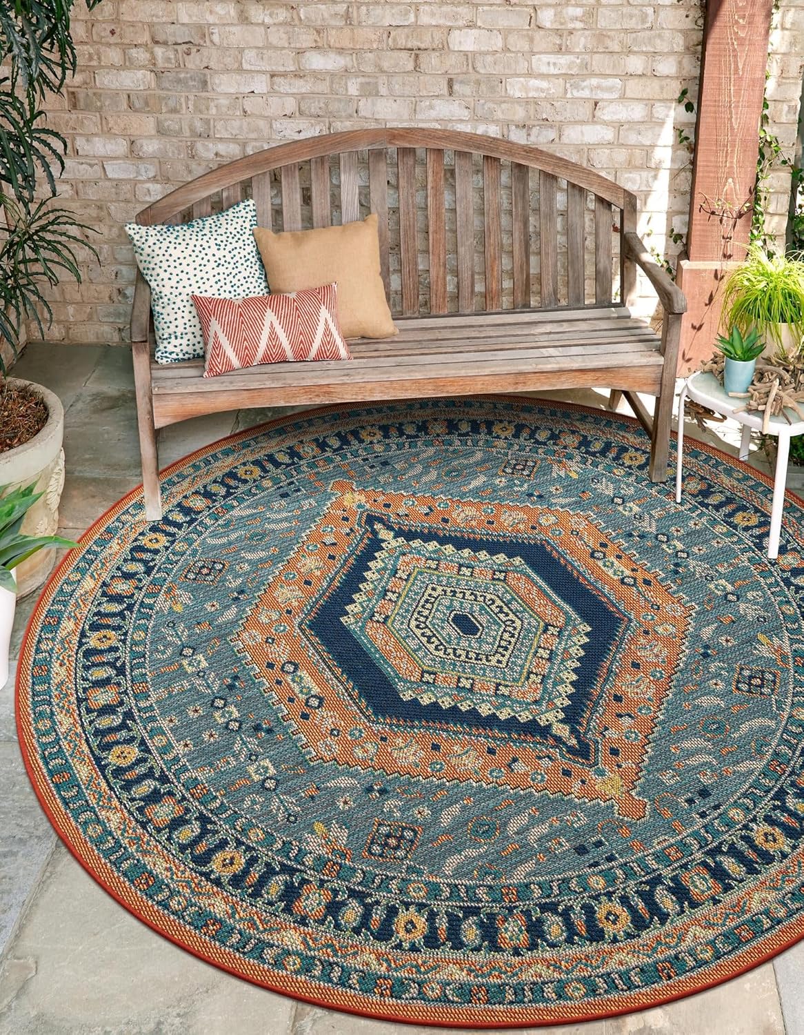 Rugs.com Baja Outdoor Collection Rug – 4 Ft Round Blue Medium-Pile Rug Perfect for Kitchens, Dining Rooms