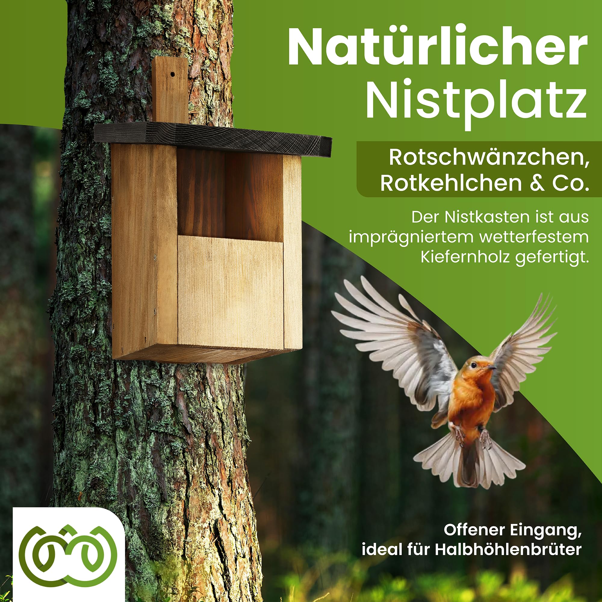 Halbhöhle Nistkasten für Rotkehlchen & Co. | Wetterfest & Massives Holz | Vogelhaus für Nischenbrüter | vollflächig imprägniert