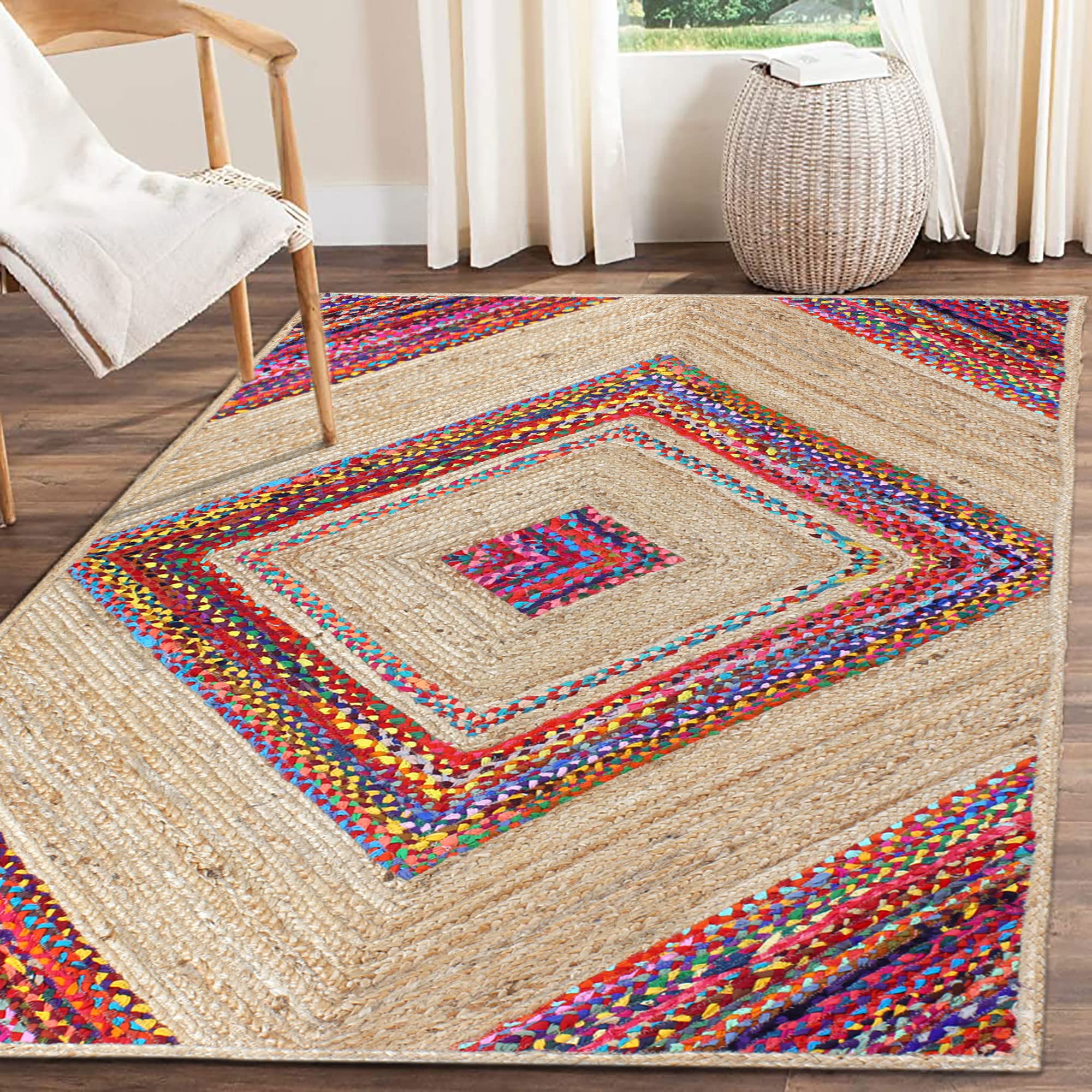 Tapis indien tressé main de couloir en jute et coton géométrique haut de gamme