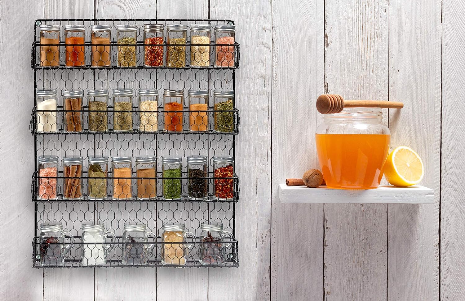 1790 Rustic Chicken Wire Spice Rack - Hanging Spice Rack - 4 Tiers (Black)