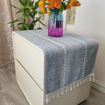 Bedside Table Tassel Cover Cloth, Table Dust Cover End Tabletop for Nightstand Dinning Room Tabletop Decoration Grey Blue, 35.8" x 14.9" Rectangular