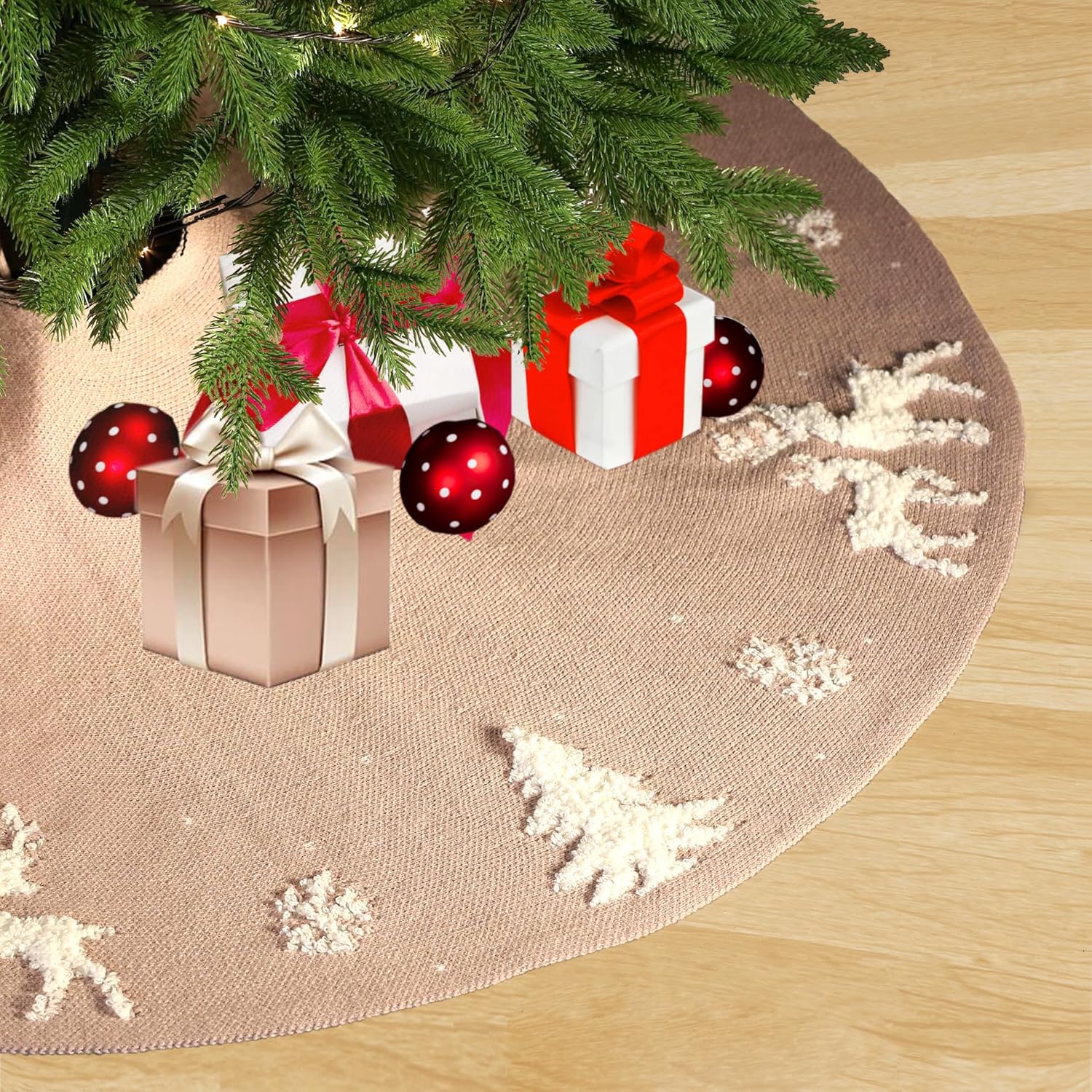 Christmas Tree Skirt, 48 Inches Tree Mat, Red Xmas Tree Skirt for Christmas Home Holiday Party Decorations Wine Red