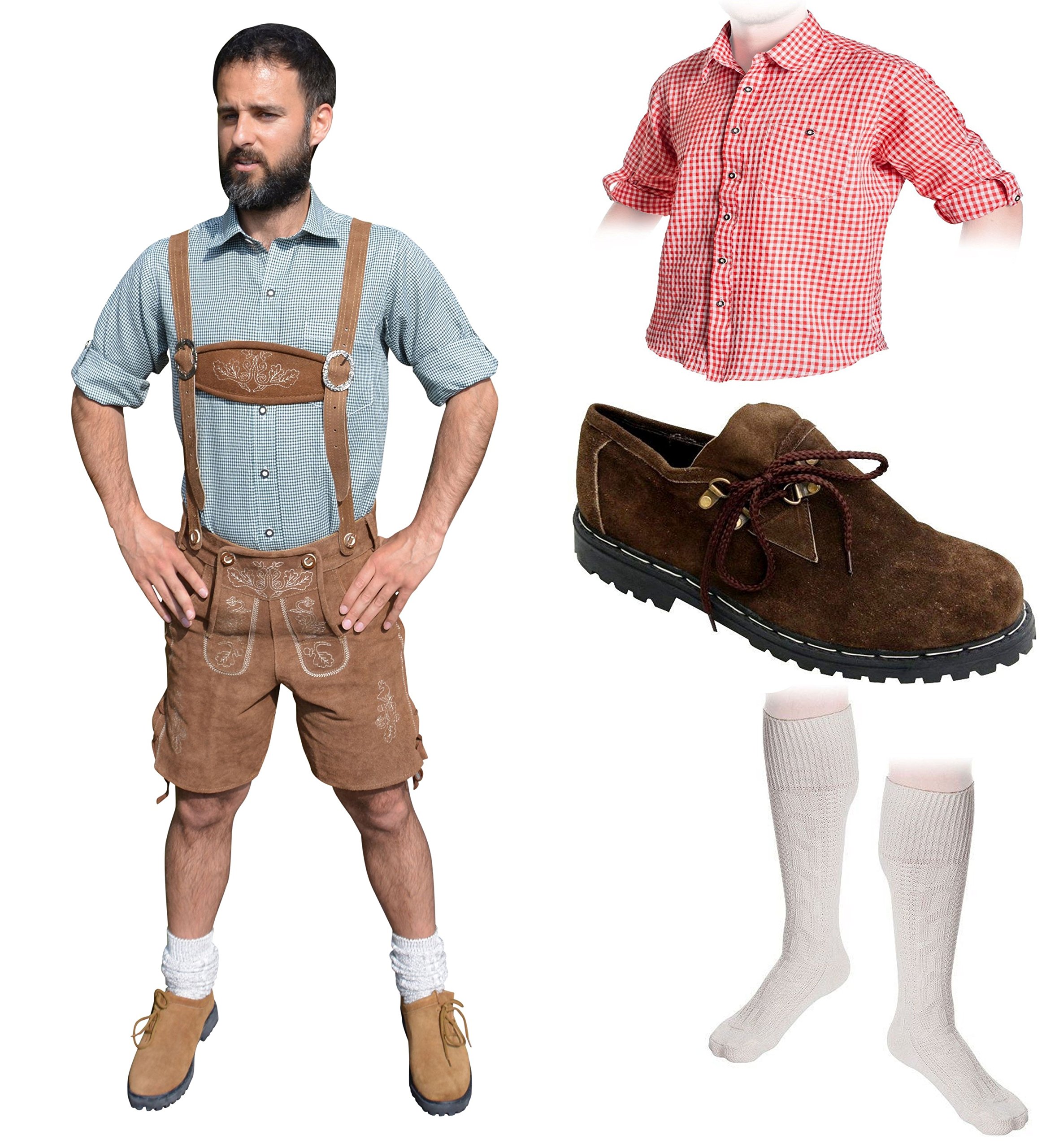 Herren Trachten Set B 5-teilig Trachten Lederhose * kurz * HELLBRAUN 46-60 Trachtenhemd Schuhe Socken Oktoberfest