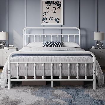 Yaheetech 5ft King Vintage Iron Metal Bed Frame Platform White | High Headboard & Footboard, Underbed Storage, Sturdy Frame, Easy Assembly, Suitable for Bedroom Dorm Guest Room