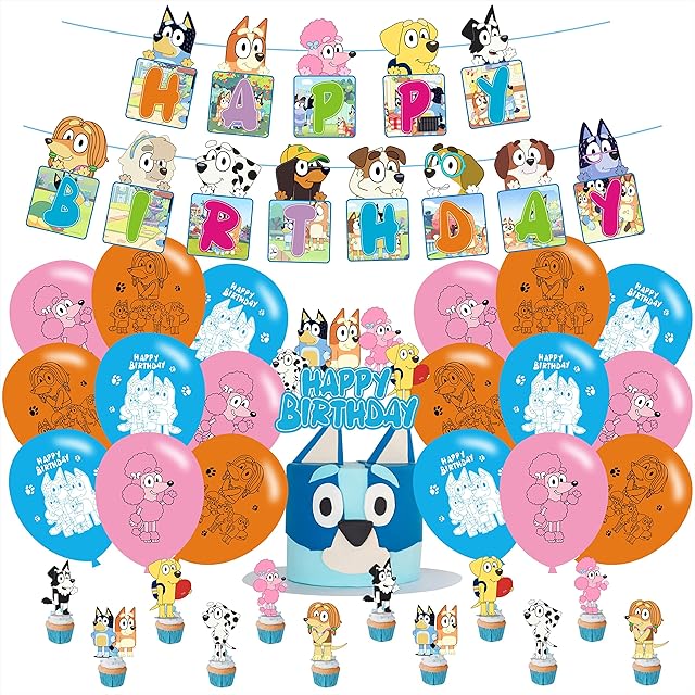 41pcs Bluey Dog Birthday Party Supplies,Puppy Dog Decorations include Banner,Cake Topper, Balloons For Kids Theme Party