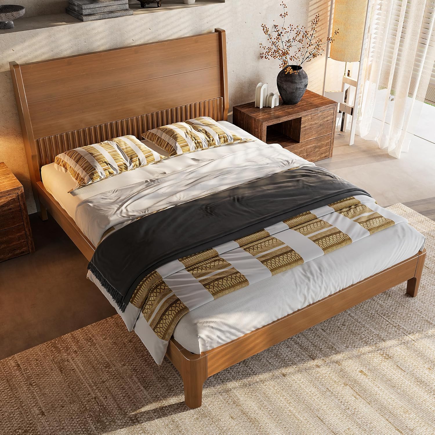 Bellemave Full Bamboo Platform Bed Frame with Tall Headboard, Mid-Century Modern Bed Frame with Slats, Farmhouse Bed Frame for Bedroom, Guest Rooms, No Box Spring Needed, Easy Assembly, Brown