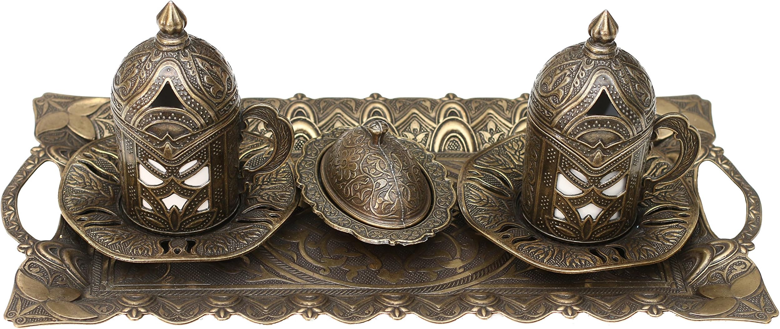 Turkish Style Coffee Serving Cups with Holders Lids, Saucers and Tray 2 pcs Set, Plant (brass)