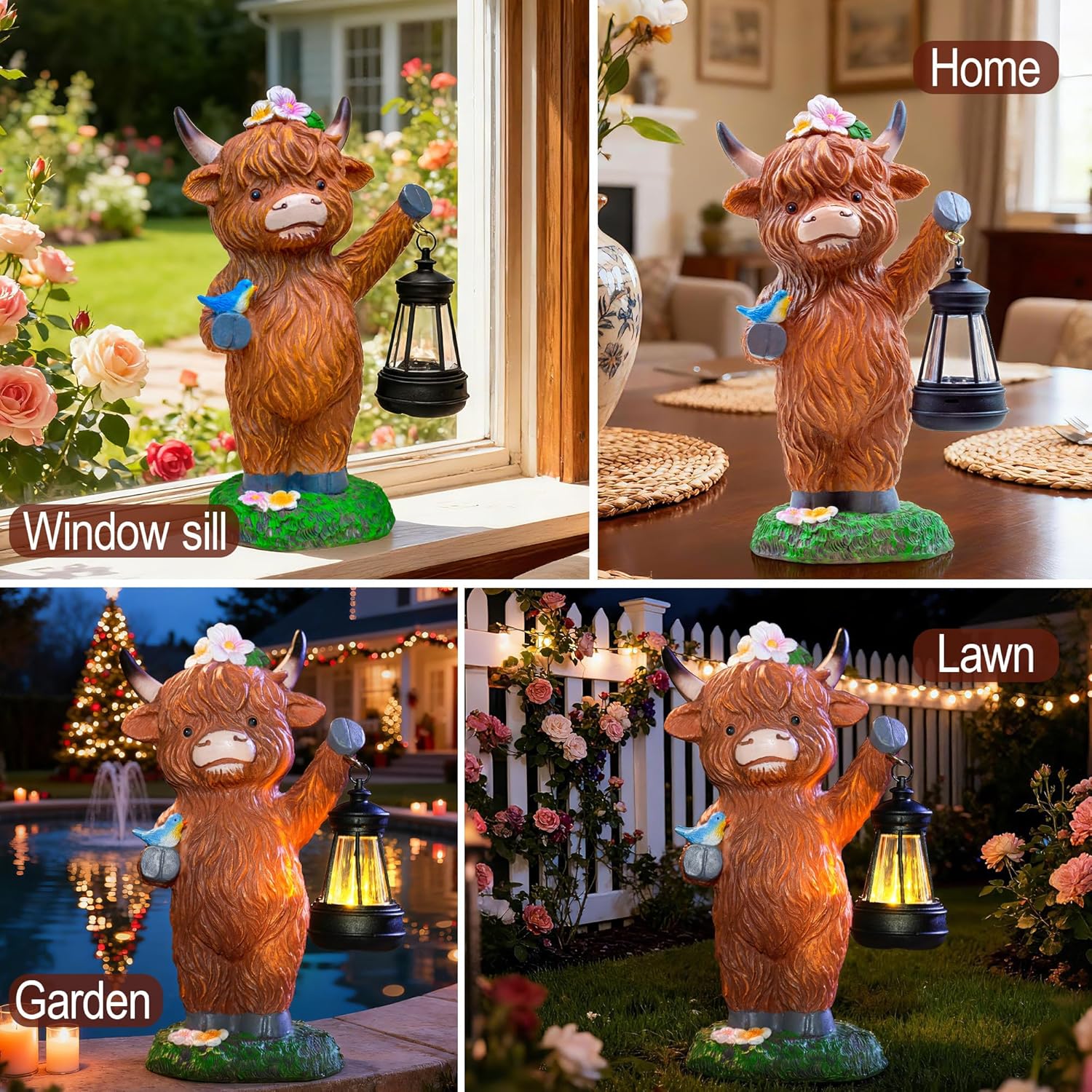 Garden Highland Cow Statue Outdoor Decor with Solar Lights Lantern, Highland Cow Figurine Outdoor Decoration for Yard, Patio, Porch, Lawn Ornaments, Unique Birthday Gifts for Mom Women Grandma