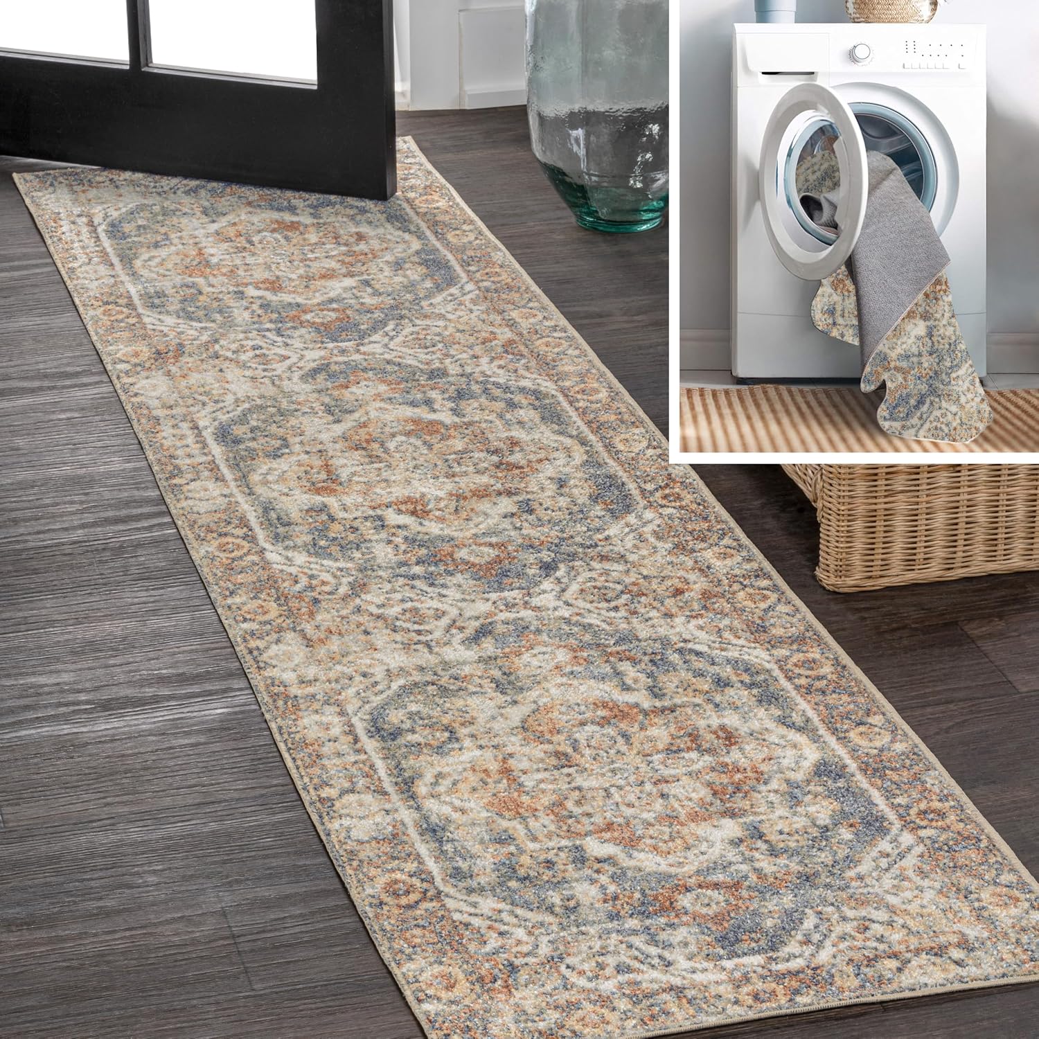 JONATHAN Y Machine Washable Blue/Cream Runner Rug 2X8 ft, Keesha Bold Distressed Medallion Low-Pile for Living Room, Bedroom, Kitchen, Office, Easy-Cleaning, Pet-Friendly, Non-Shedding WSH316A-28