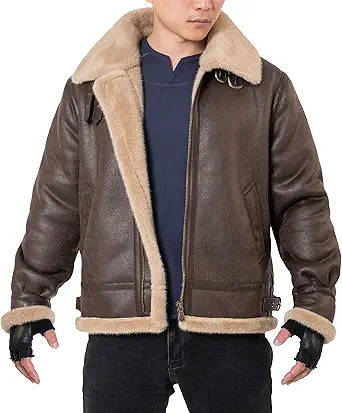 Mifidy Men Brown Leather Jacket Motorcycle Bomber Shearing Winter Coat Cosplay Costume for Christmas XS-3XL
