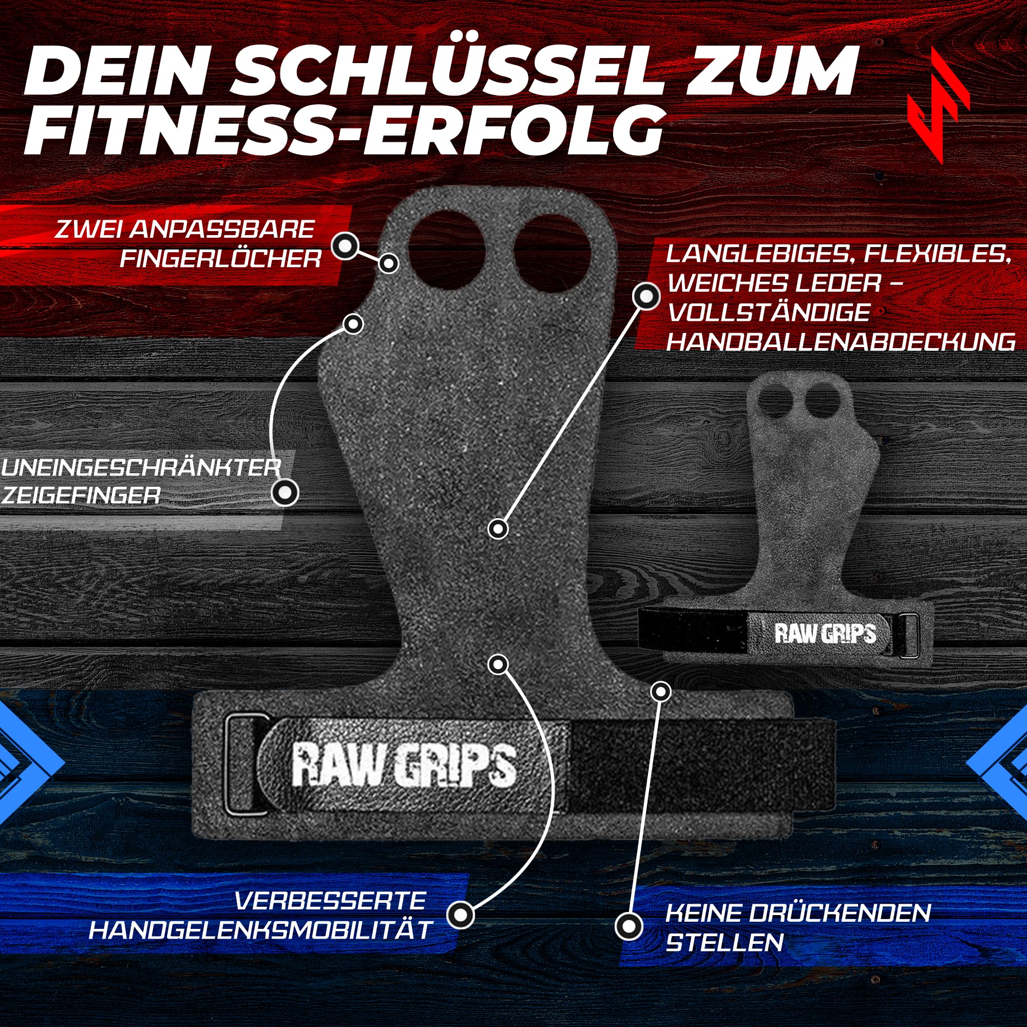 JerkFit Raw Grips 3.0, 2-Finger Gymnastikgriffe aus Leder – Schützen die Hände bei Klimmzügen, verhindern Risse und Blasen für Sportler.