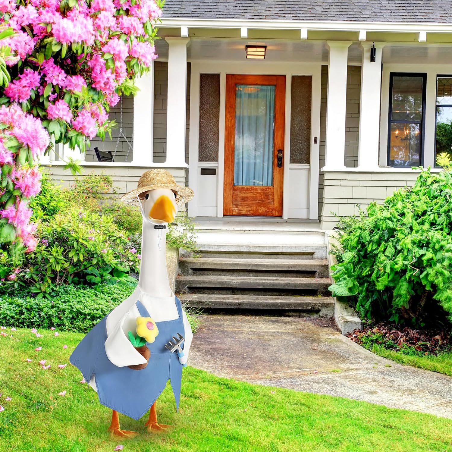 Spring Goose Outfit Flower Porch Goose Clothes for 23" Large Statue Outdoor Patio Yard Lawn Art Decoration(Overalls Gardener,23 inch) - Image 4