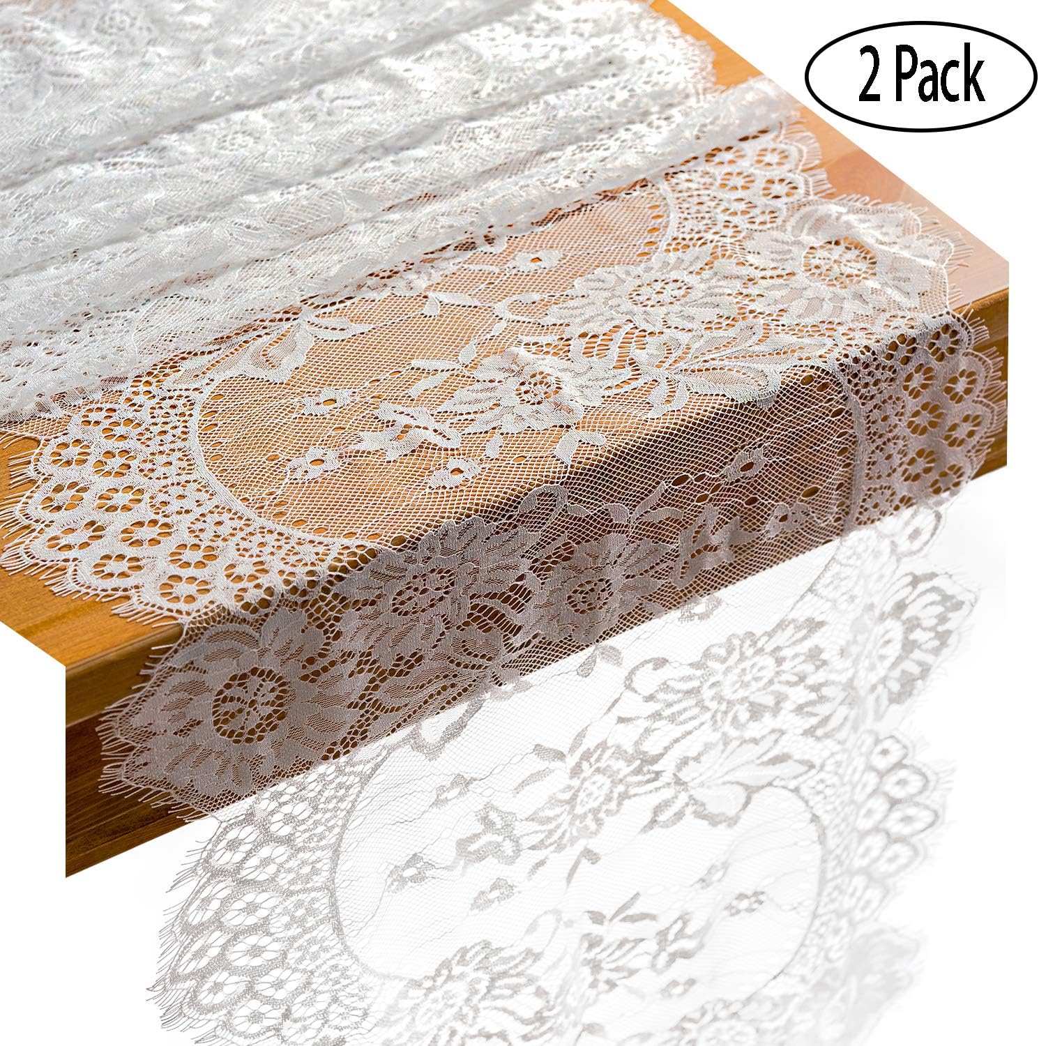 Crisky 14" x 120" Lace Table Runners 2 Pack Lace Overlay with Rose Vintage Embroidered, Thin, Rustic Romantic Wedding Decor, Bridal Baby Girl Shower Decoration, Vintage French Country Farmhouse Decor