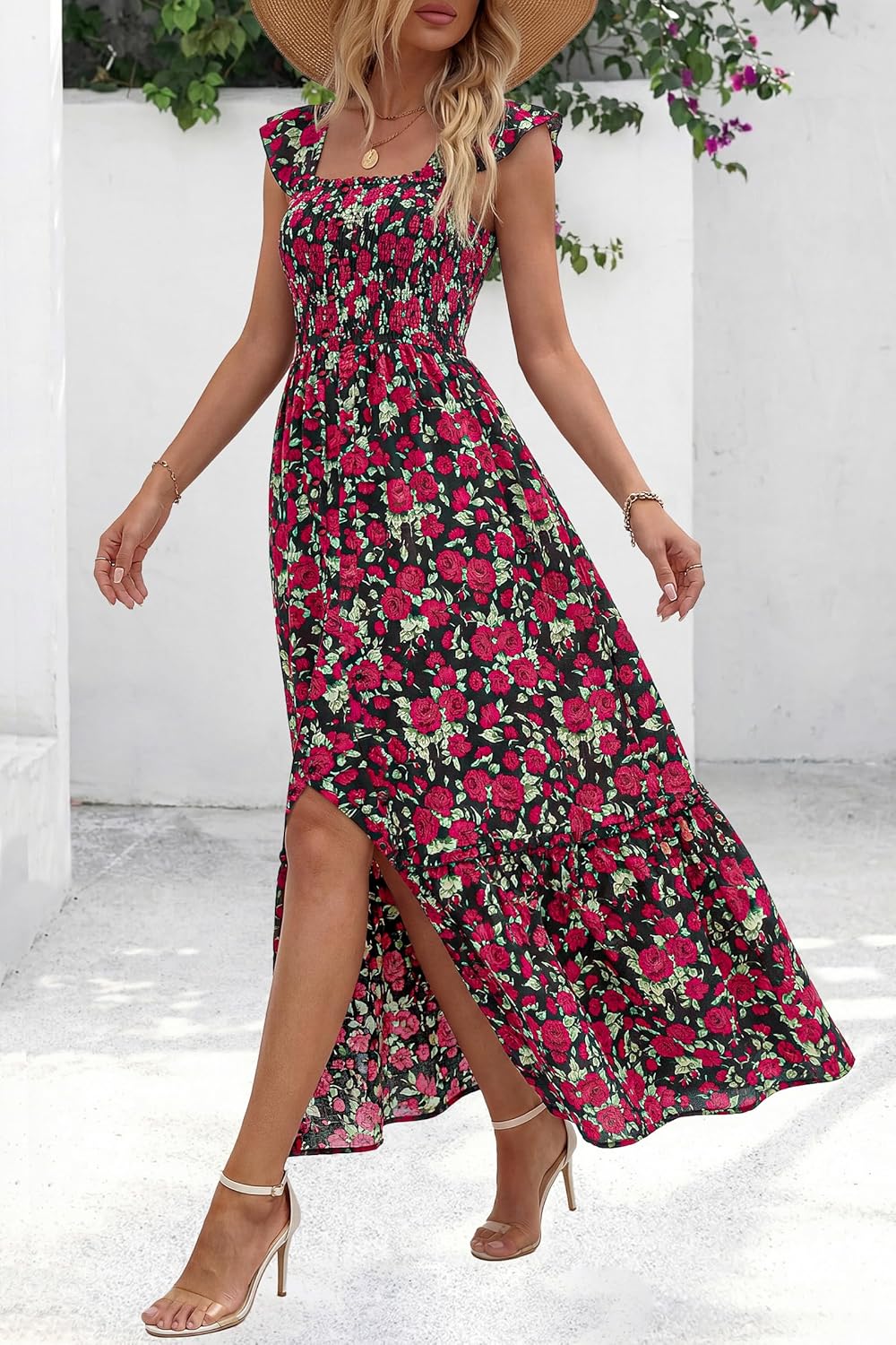 dowerme Womens Summer Maxi Dresses 2026 Casual Ruffle Sleeve Button Smocked Floral Slit Boho Dress Spring Beach Sundress - Image 7