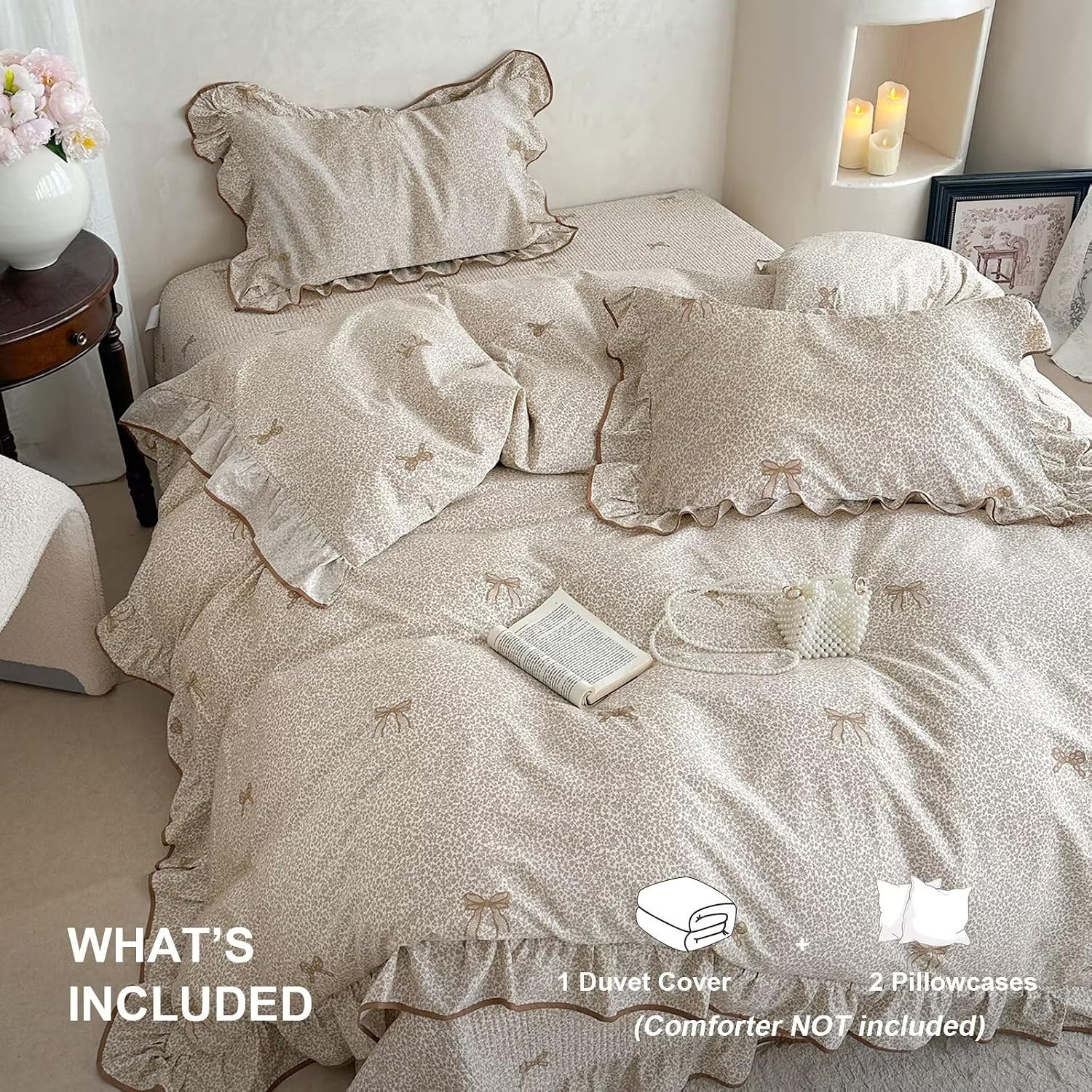 AZMTOP Warm Beige Duvet Cover Twin Size 3 Pcs(1 Duvet Cover with 2 Pillowcases),100% Cotton Cute Bow Comforter Covers with Ruffles,Twin Bedding Set for Teen Girls 68"×86" thumbnail