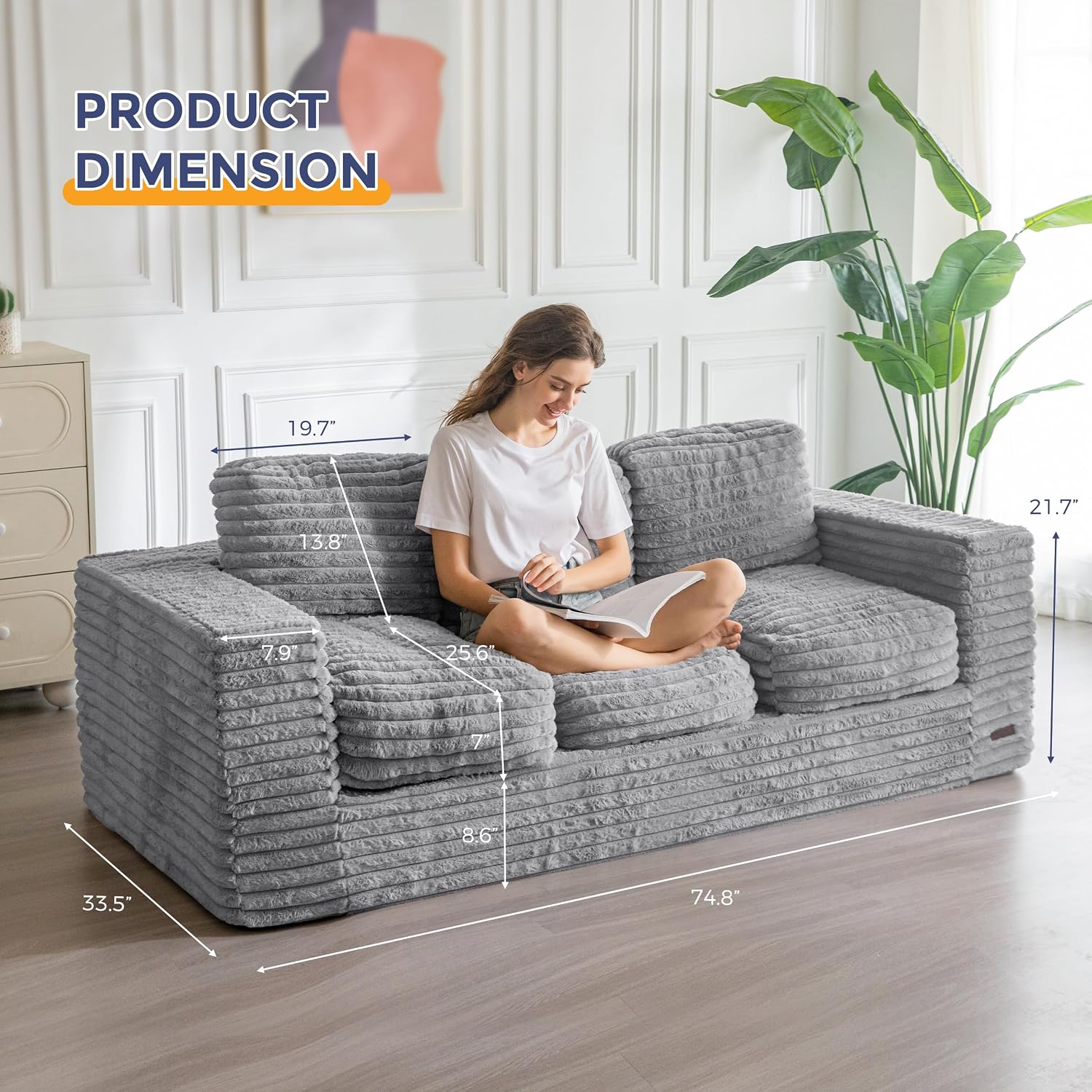 MAXYOYO 3-Seater Faux Fur Sofa Grey Fluffy Supportive No Assembly Includes Pillows