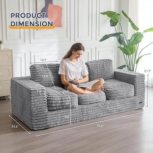 Miniatura 28 de MAXYOYO Puf gigante para adultos, sofá tapizado de suelo con almohadas y reposabrazos, puf grande de felpa, sofá para dormitorio, sala de estar,