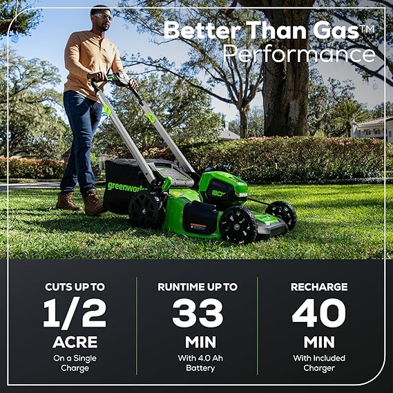 Greenworks 80V 21 Self-Propelled Cordless Lawn Mower Brushless Motor, LED Lights, 4.0Ah Battery & Rapid Charger (75+ Compatible Tools)