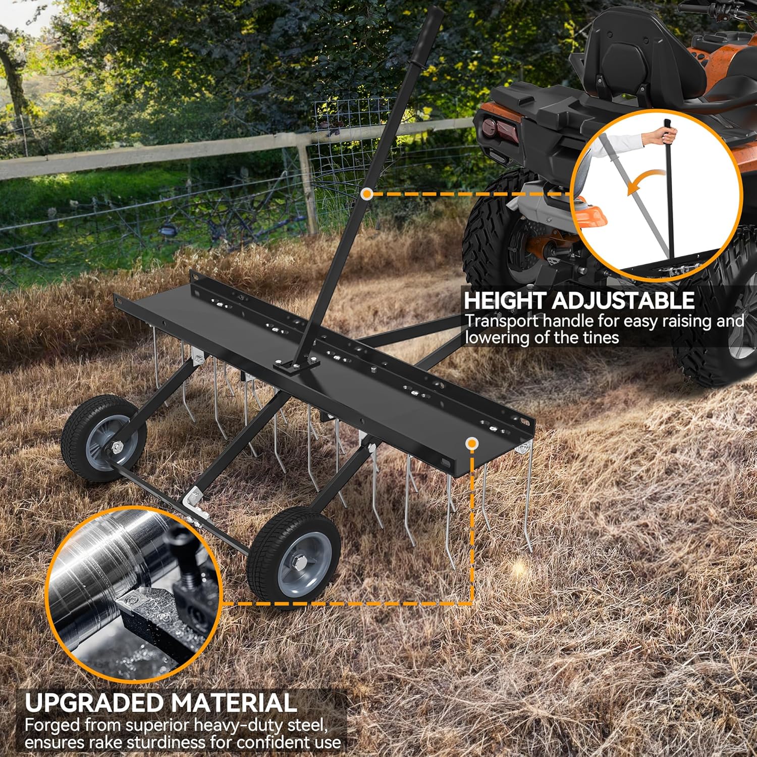 YINTATECH 40 in Tow Behind Dethatcher, 20 Spring Steel Tines Lawn dethatcher Rake for ATV UTV Lawn Mower, Features Flexible Lift Handle, Black