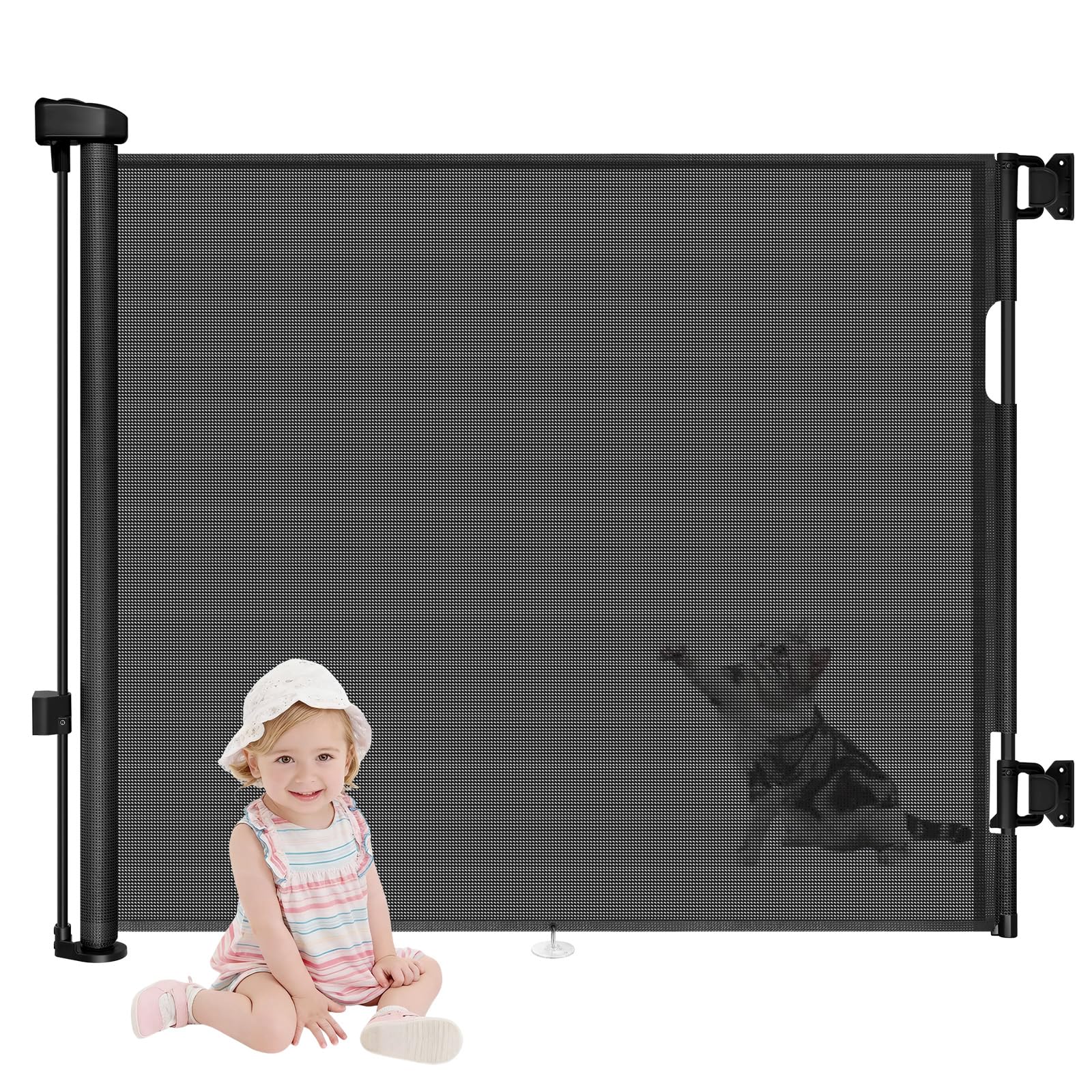 Olqi Black Retractable Stair Gate For Baby,Mesh Extendable Dog & Pet Stair Gates - 86Cm Tall & 140Cm Wide,Kid/Child Safety Gate For Indoor/Outdoor/Doorways/Hallways/Stairs (Black)