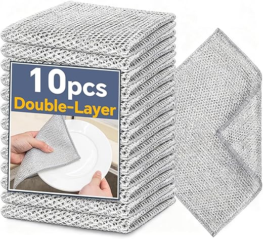 Steel Wire Dishcloths,Double-Layer Non-Scratch Steel Wire Cleaning Cloth for Cookware,Sinks,Stove Tops, Dishes (10PCS)