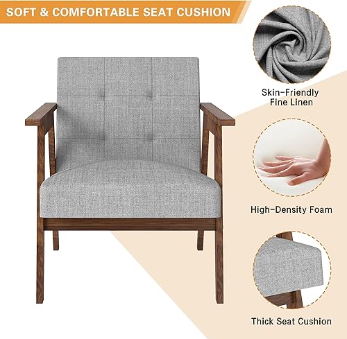 Miniatura 4 de Sillón moderno de mediados de siglo, sillón tapizado de tela con marco de madera de goma maciza para sala de estar, cómodo sofá en color gris