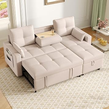Bladez Sofá cama esquinero extensible en forma de L de lino, chaise longue con espacio de almacenamiento, portavasos deslizante, sofá modular de 3 plazas para salón, color beige