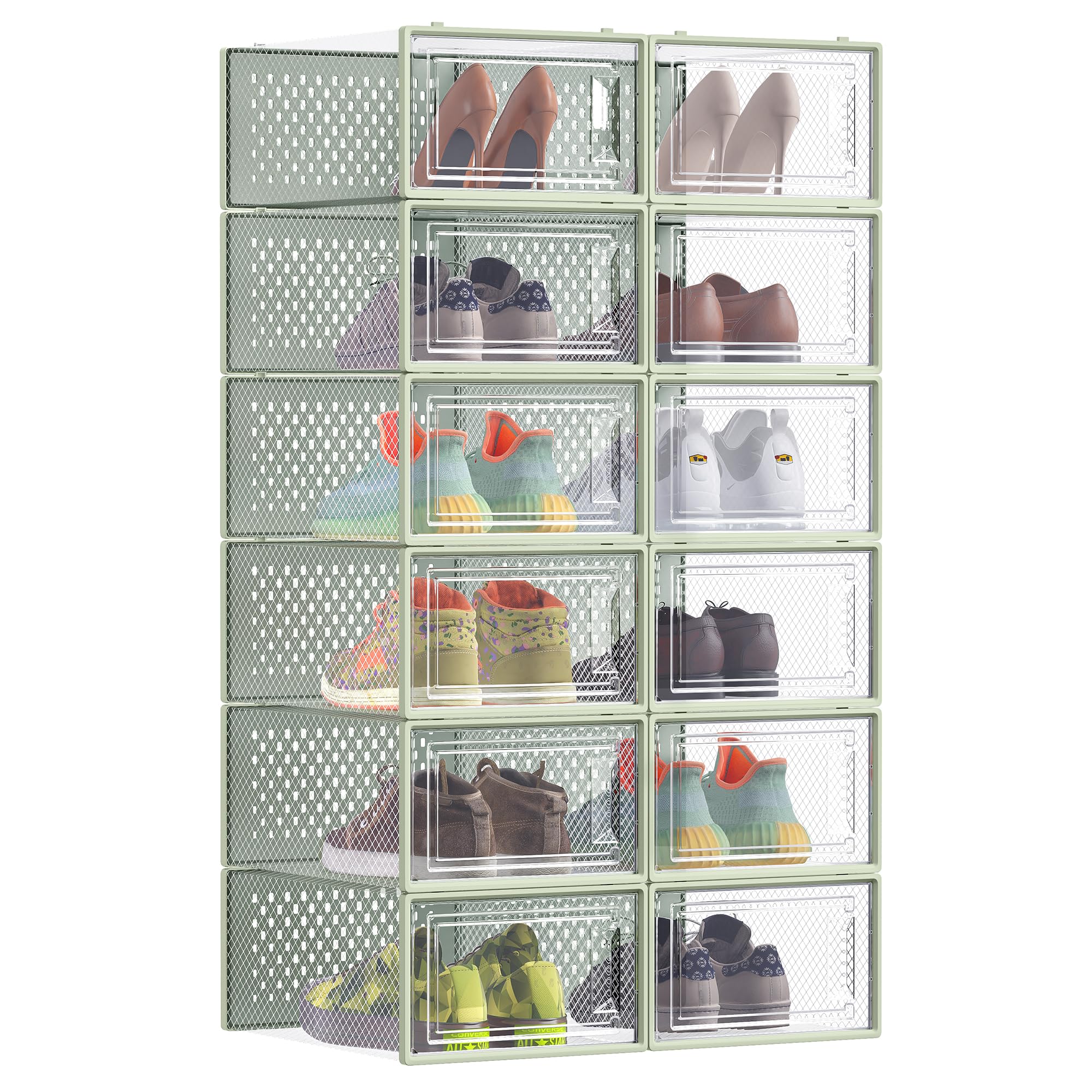 SONGMICS Shoe Boxes, Pack of 12 Stackable Shoe Storage Organisers, Foldable and Versatile for Sneakers, Fit up to UK Size 9, Transparent and Sage Green LSP12SG30 โ image 1