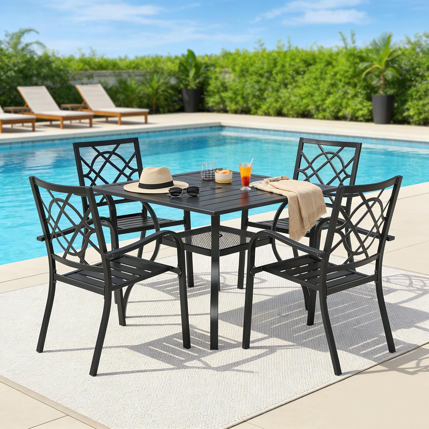 SUNCROWN 5-Piece Outdoor Wrought Iron Chairs and Table Patio Dining Furniture Set - 4 Stackable Metal Chairs, 1 Steel Slat Bistro Table for Garden Backyard Deck